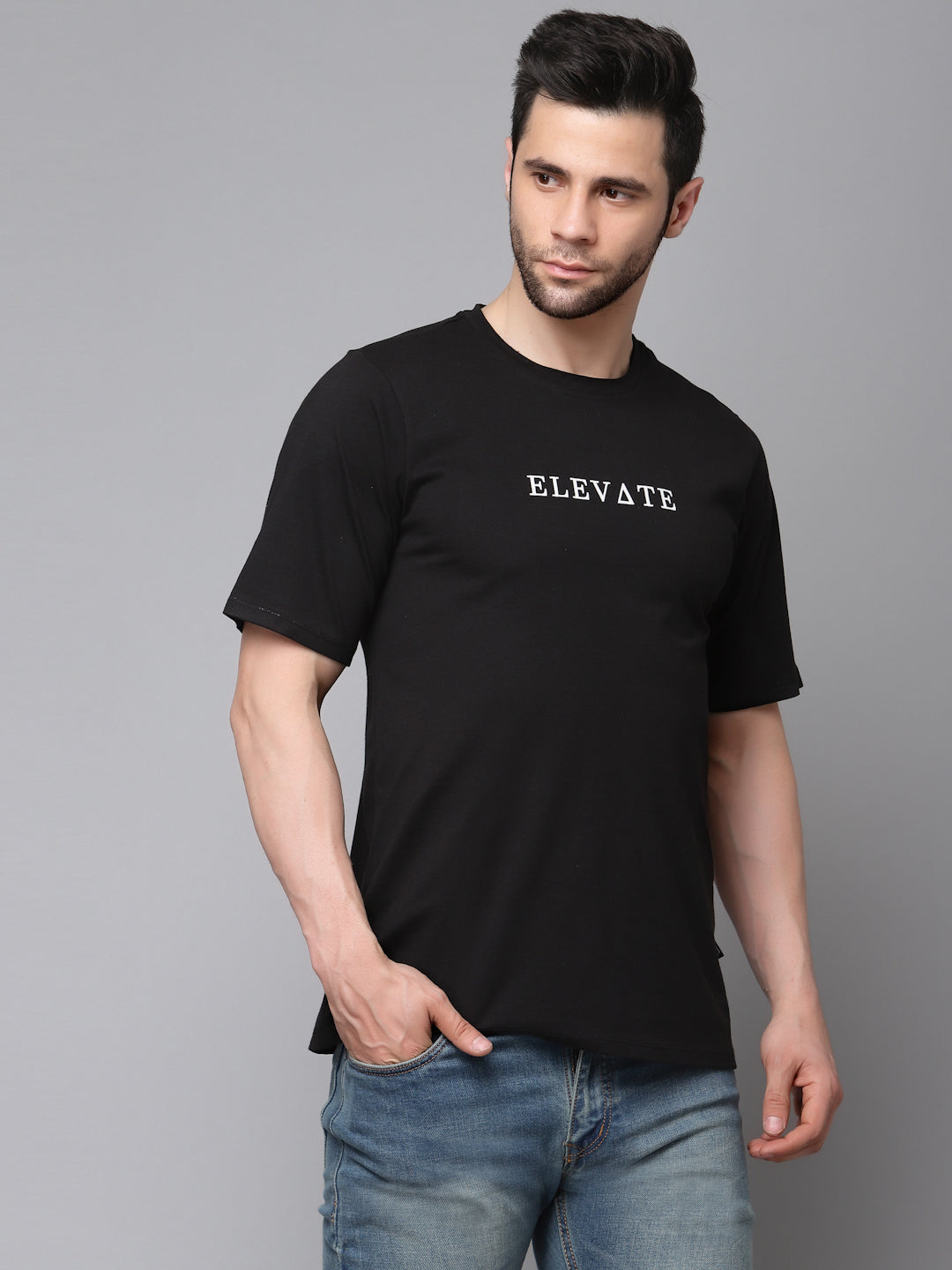 Black Printed Oversized Half Sleeves Round Neck Cotton T-Shirt