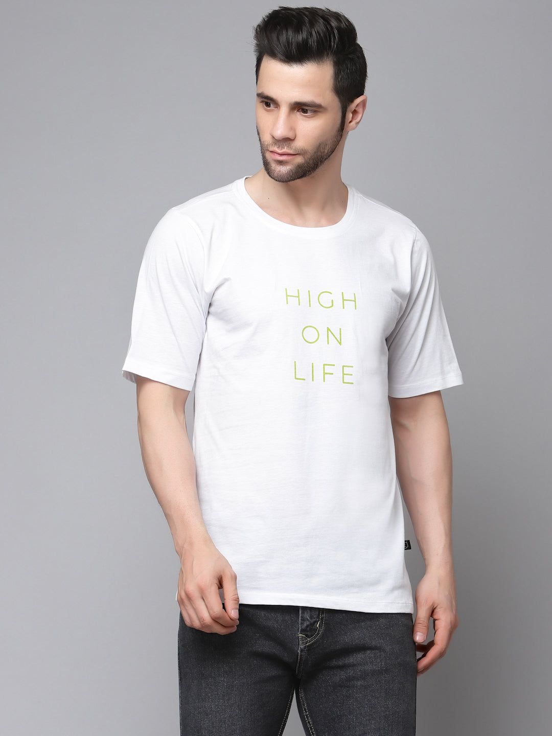 White Printed Oversized Half Sleeves Round Neck Cotton T-Shirt