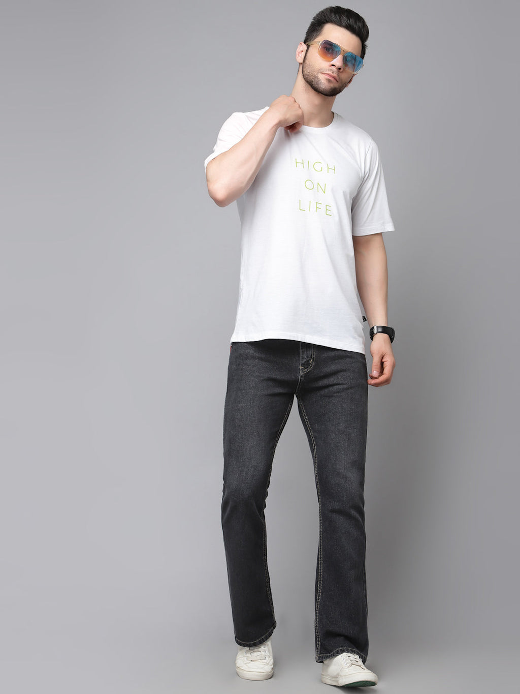 White Printed Oversized Half Sleeves Round Neck Cotton T-Shirt