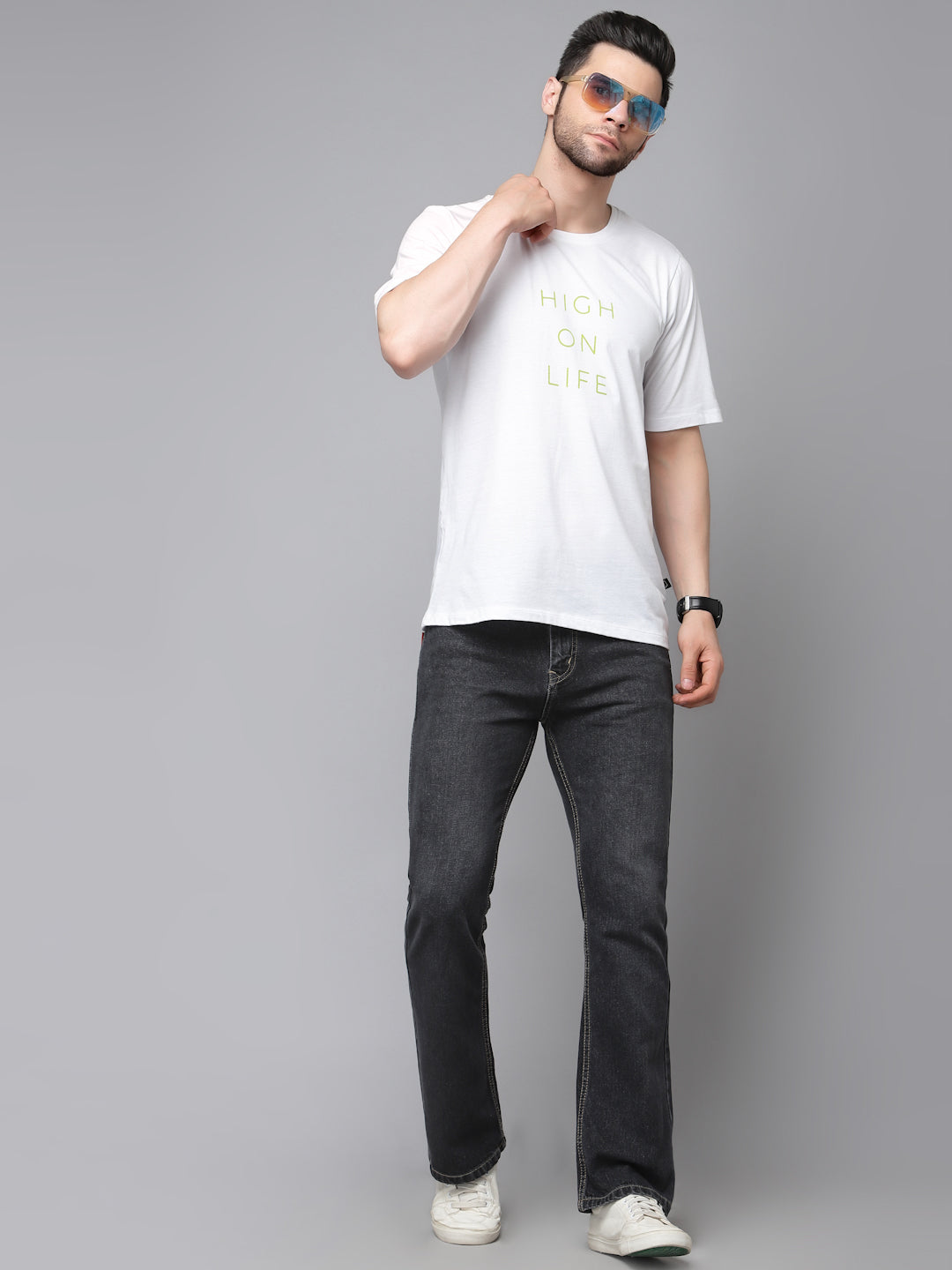 White Printed Oversized Half Sleeves Round Neck Cotton T-Shirt