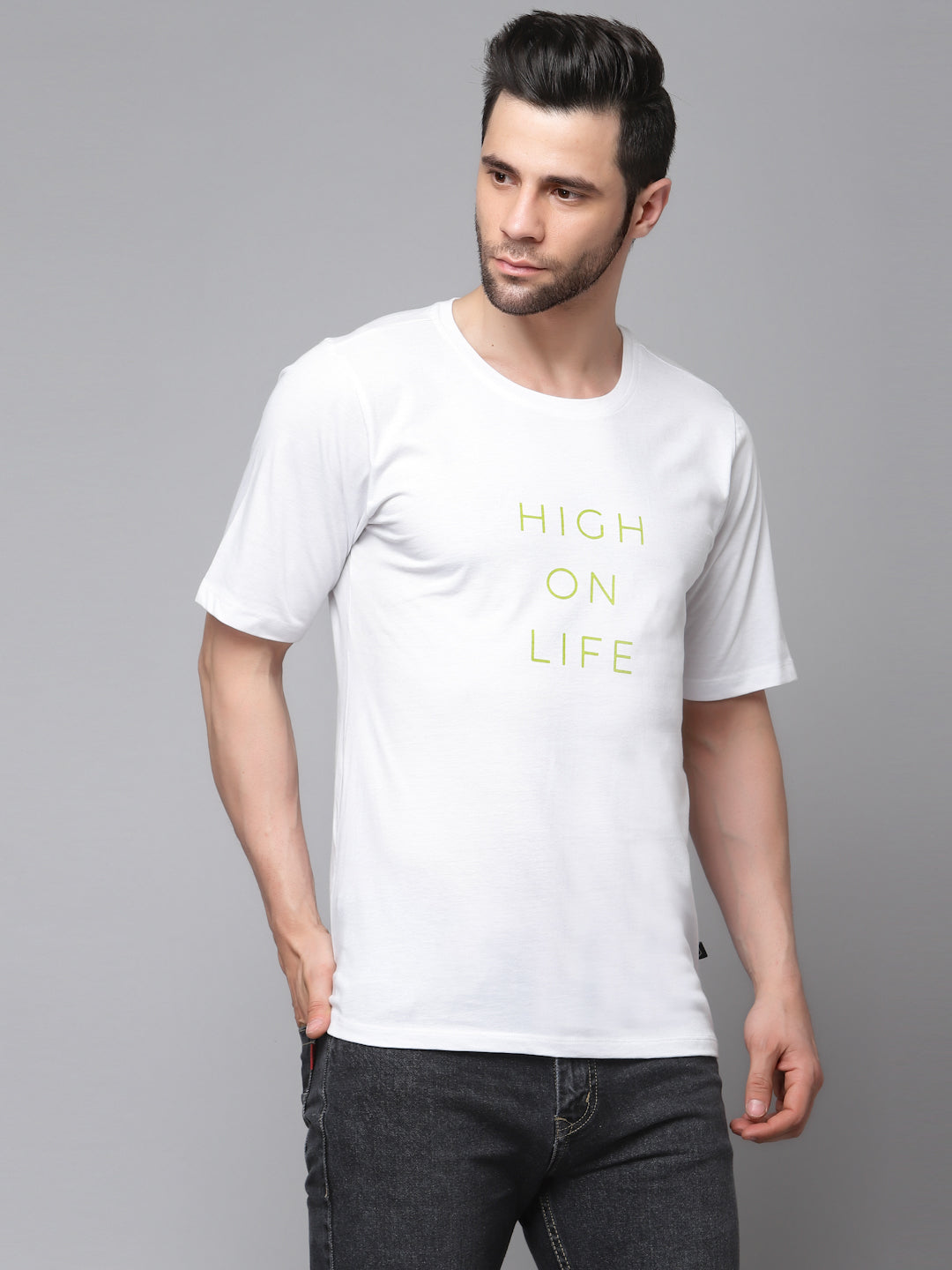 White Printed Oversized Half Sleeves Round Neck Cotton T-Shirt