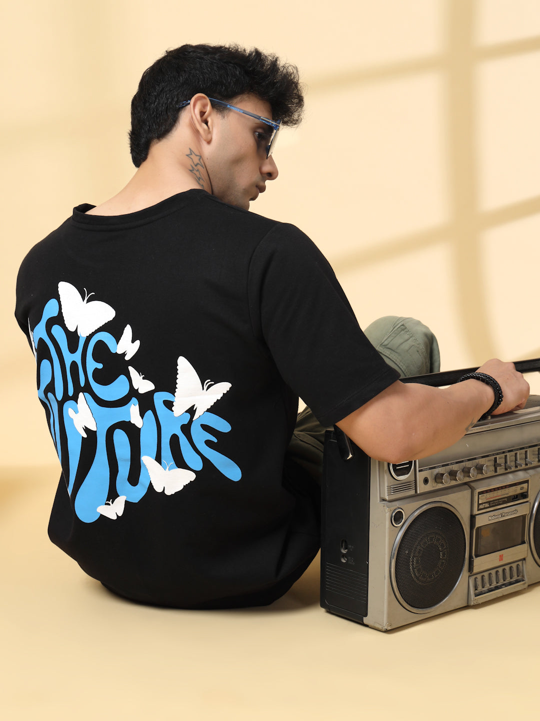 Men Black Typography  Oversized T-shirt