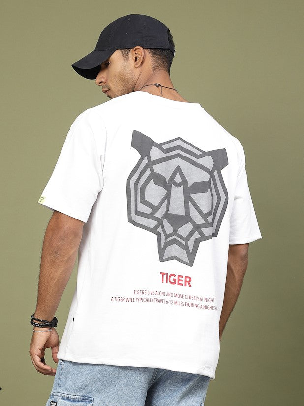 Majestic Tiger Puff Print Oversized White T-Shirt