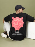 Majestic Tiger Puff Print Oversized Black T-Shirt