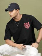 Majestic Tiger Puff Print Oversized Black T-Shirt