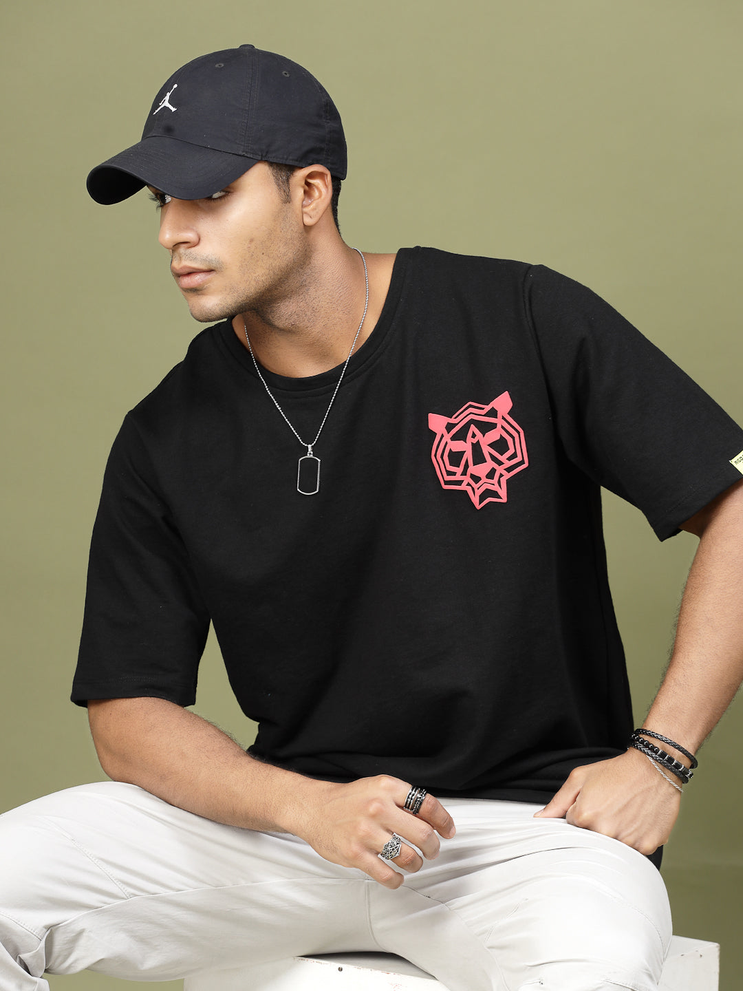 Majestic Tiger Puff Print Oversized Black T-Shirt