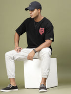 Majestic Tiger Puff Print Oversized Black T-Shirt