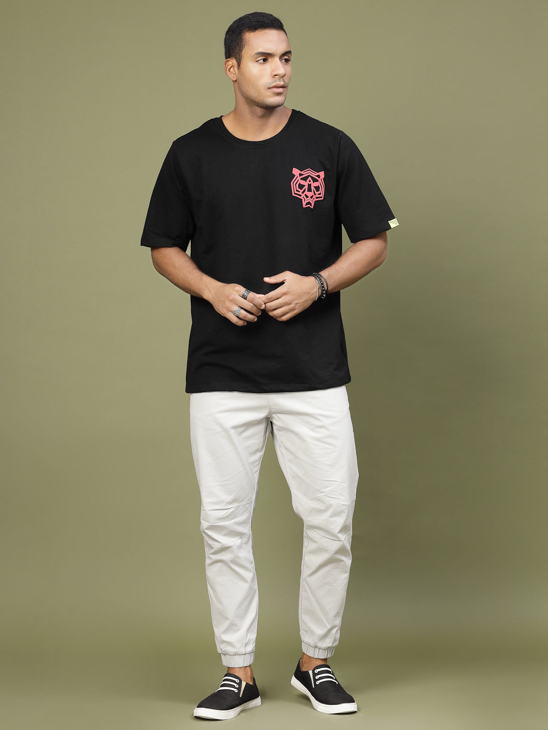 Majestic Tiger Puff Print Oversized Black T-Shirt