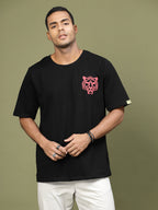 Majestic Tiger Puff Print Oversized Black T-Shirt