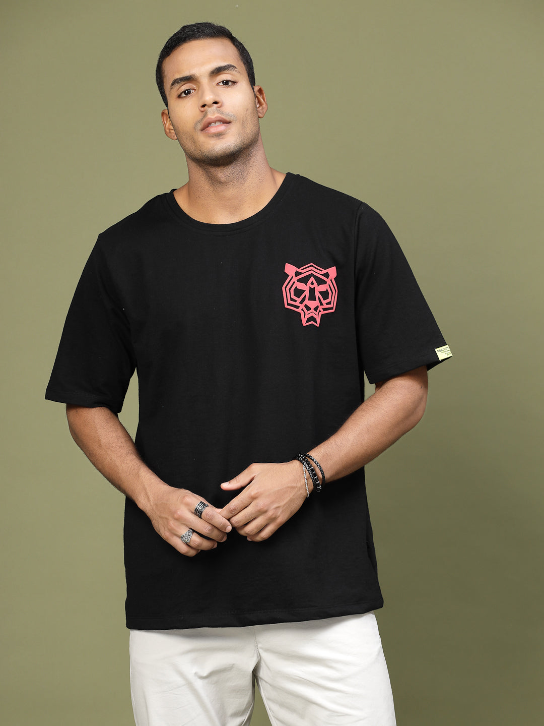 Majestic Tiger Puff Print Oversized Black T-Shirt