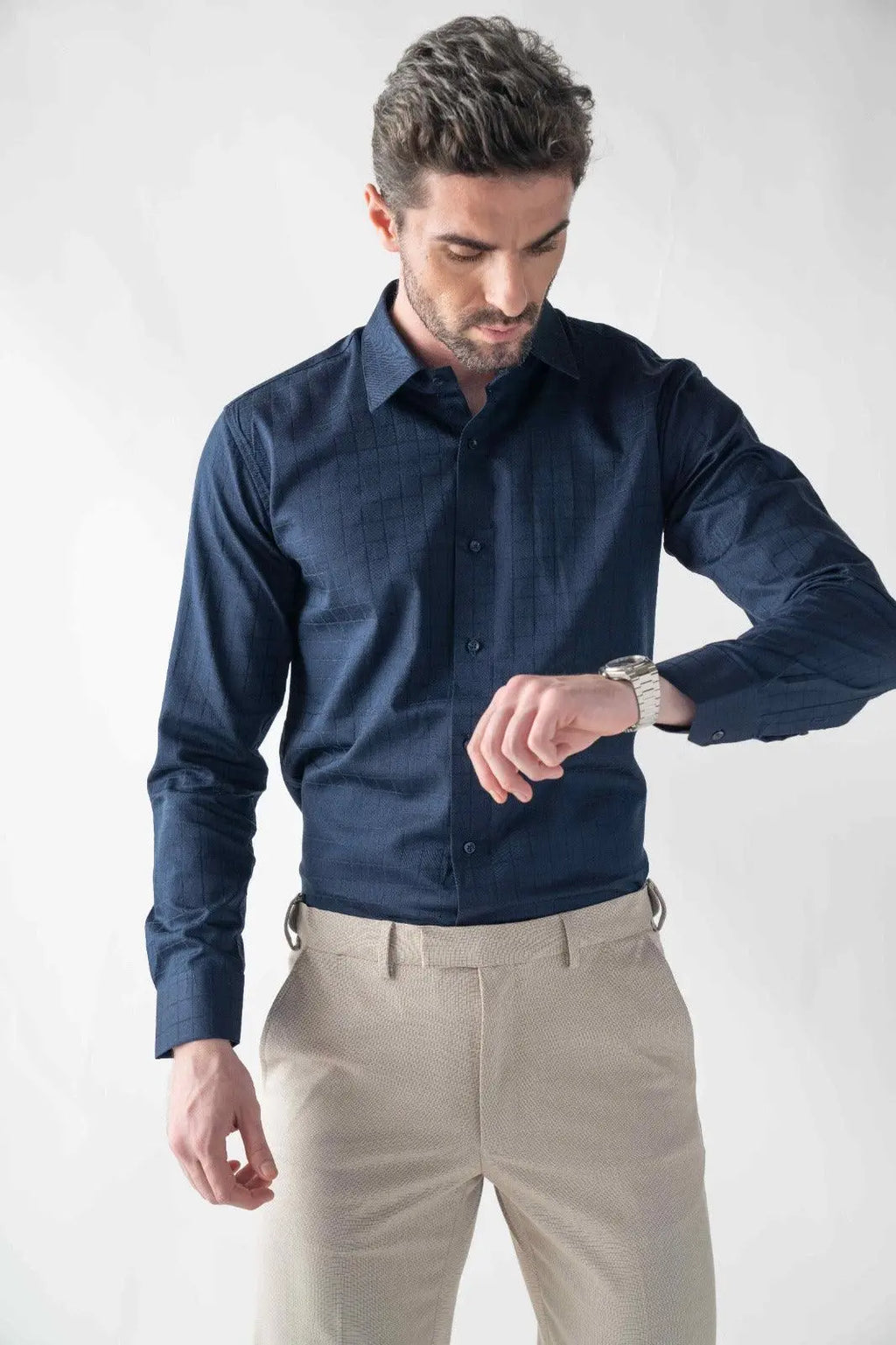 Men's Checkmate Giza Satin Dark Navy Shirt Vellure