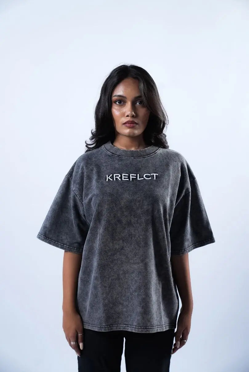 Unisex Round Neck Black Washed T-Shirt Kreflct