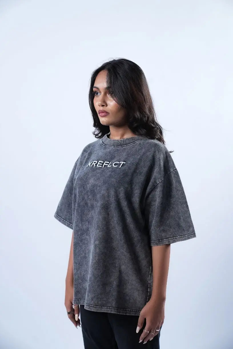 Unisex Round Neck Black Washed T-Shirt Kreflct