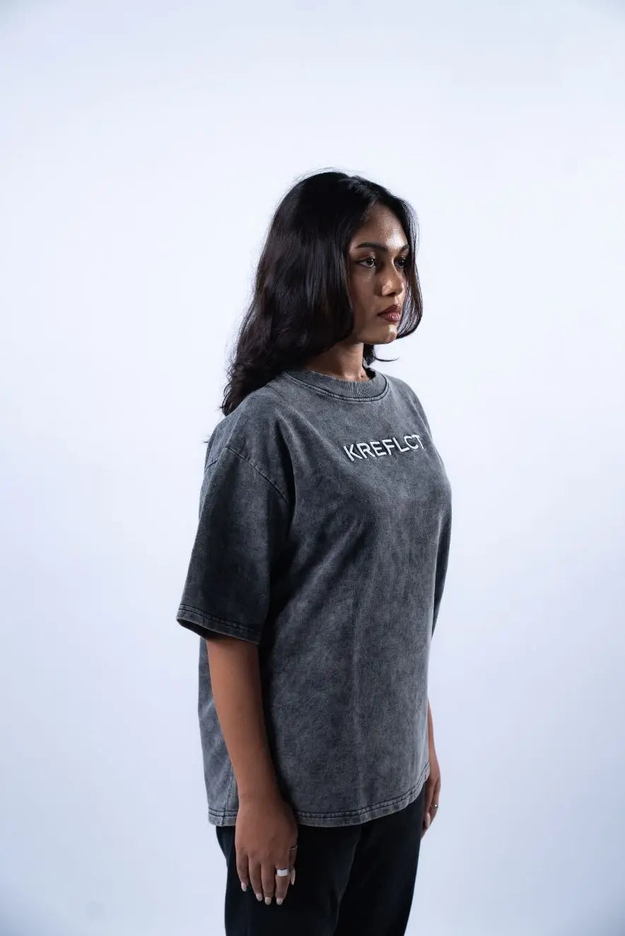 Unisex Round Neck Black Washed T-Shirt Kreflct