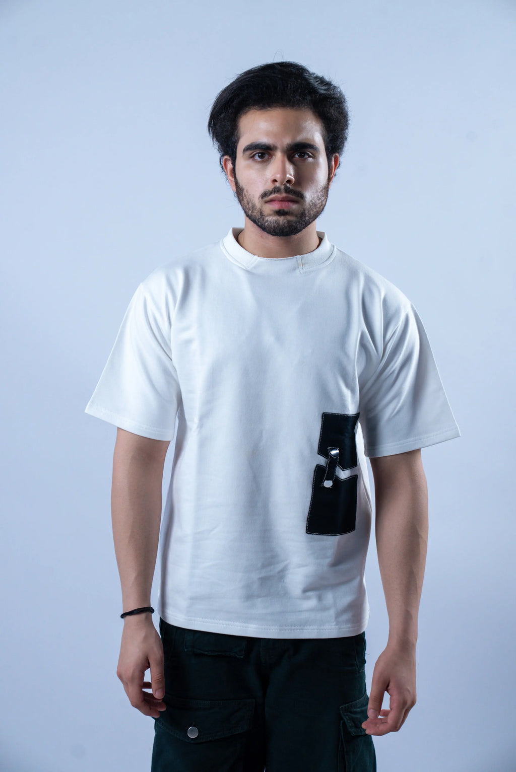 Unisex Round Neck Black Patched White T-Shirt Kreflct