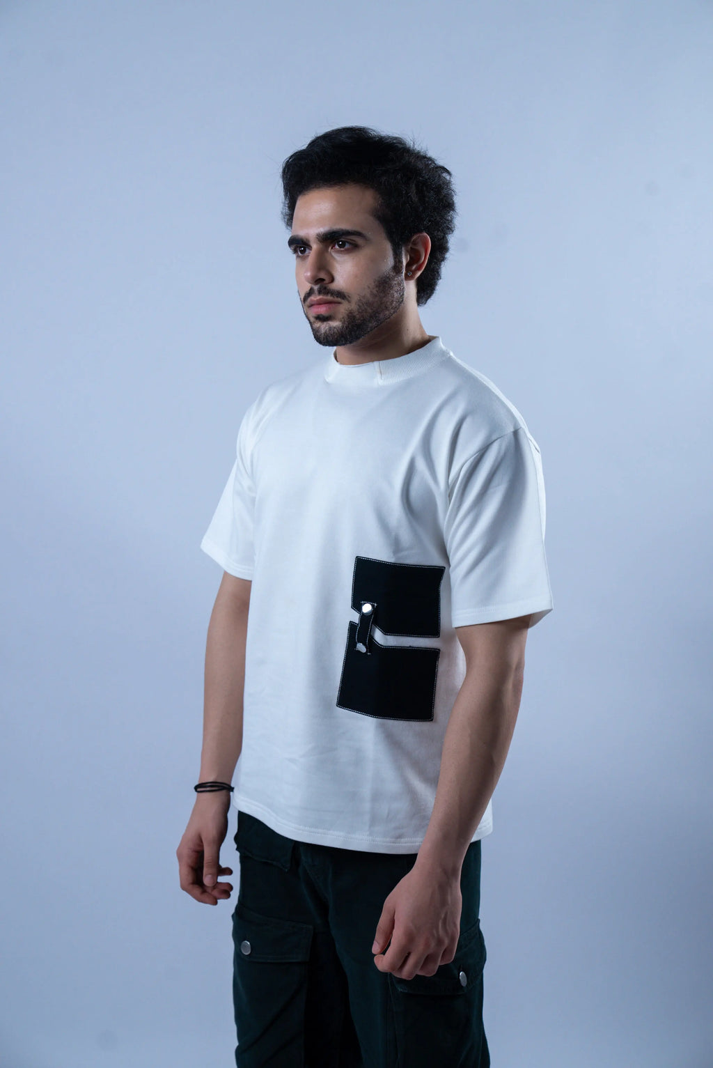 Unisex Round Neck Black Patched White T-Shirt Kreflct