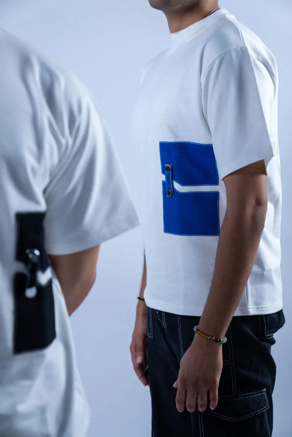 Unisex Round Neck Blue Patched White T-Shirt Kreflct