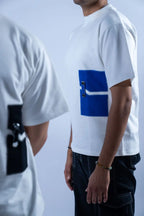 Unisex Round Neck Blue Patched White T-Shirt Kreflct