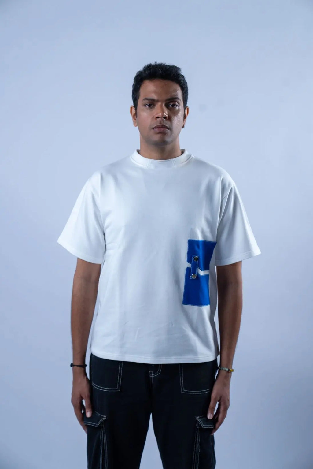 Unisex Round Neck Blue Patched White T-Shirt Kreflct
