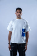 Unisex Round Neck Blue Patched White T-Shirt Kreflct