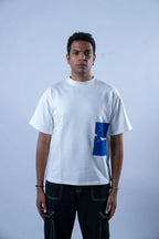 Unisex Round Neck Blue Patched White T-Shirt Kreflct