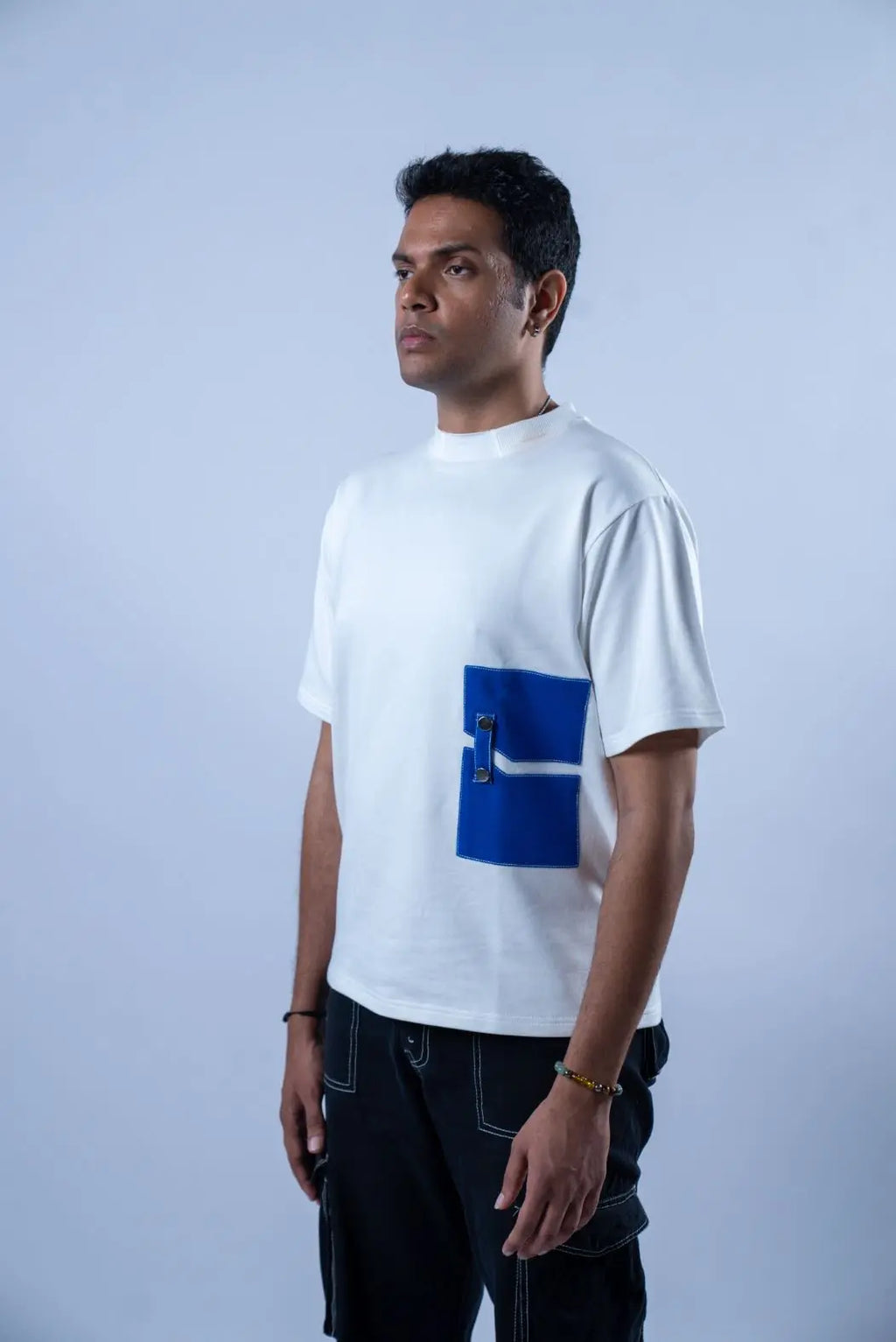 Unisex Round Neck Blue Patched White T-Shirt Kreflct