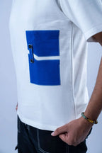 Unisex Round Neck Blue Patched White T-Shirt Kreflct
