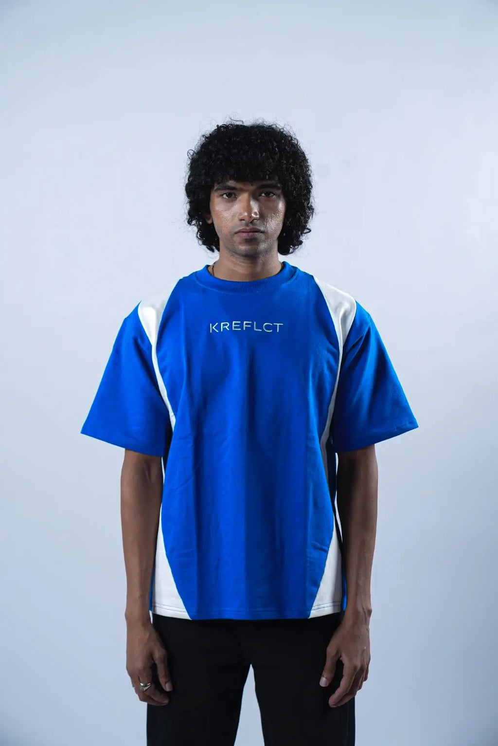 Unisex Embroidered Logo Blue & White Splits T-Shirt Kreflct