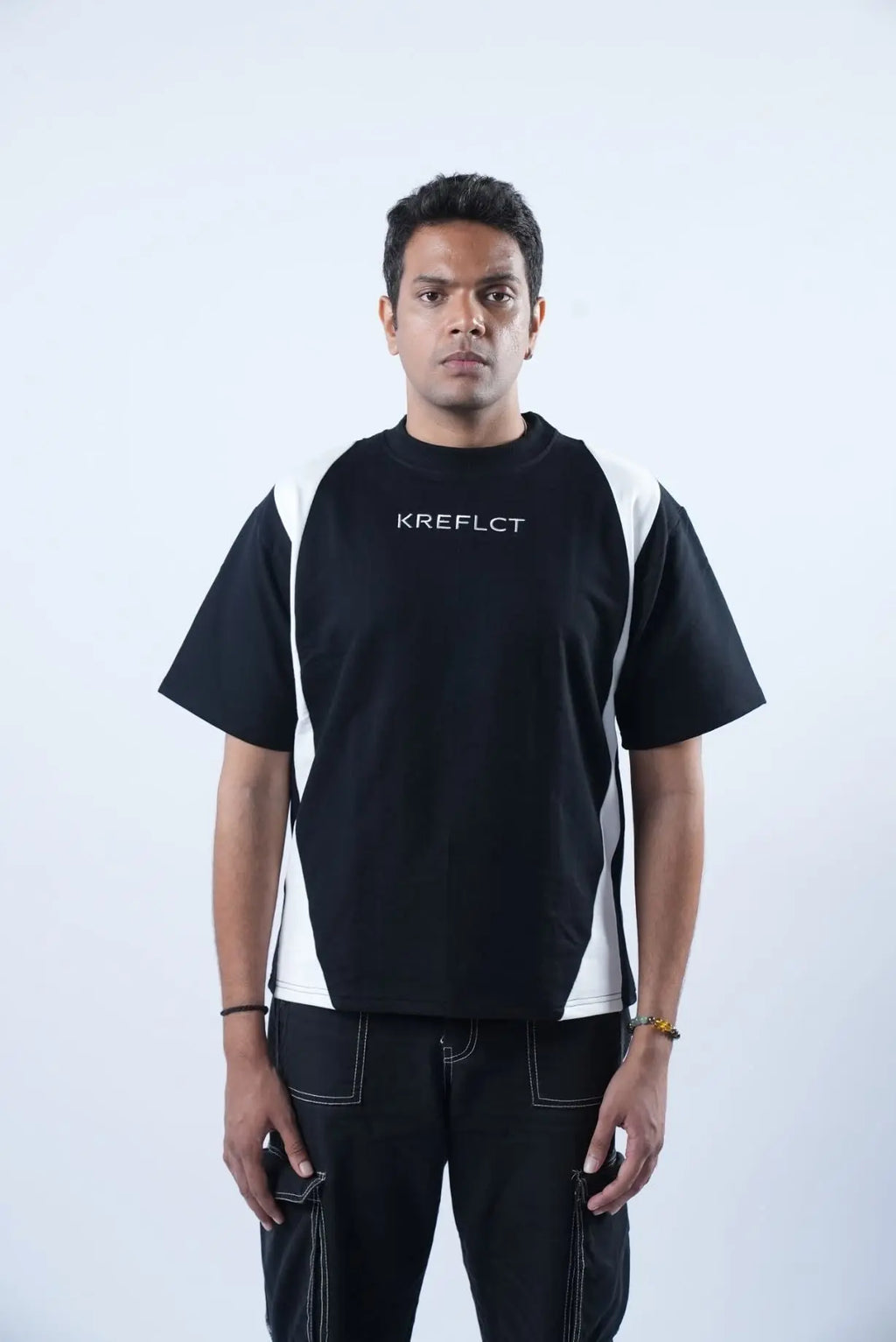 Unisex Embroidered Logo Black & White Splits T-Shirt Kreflct