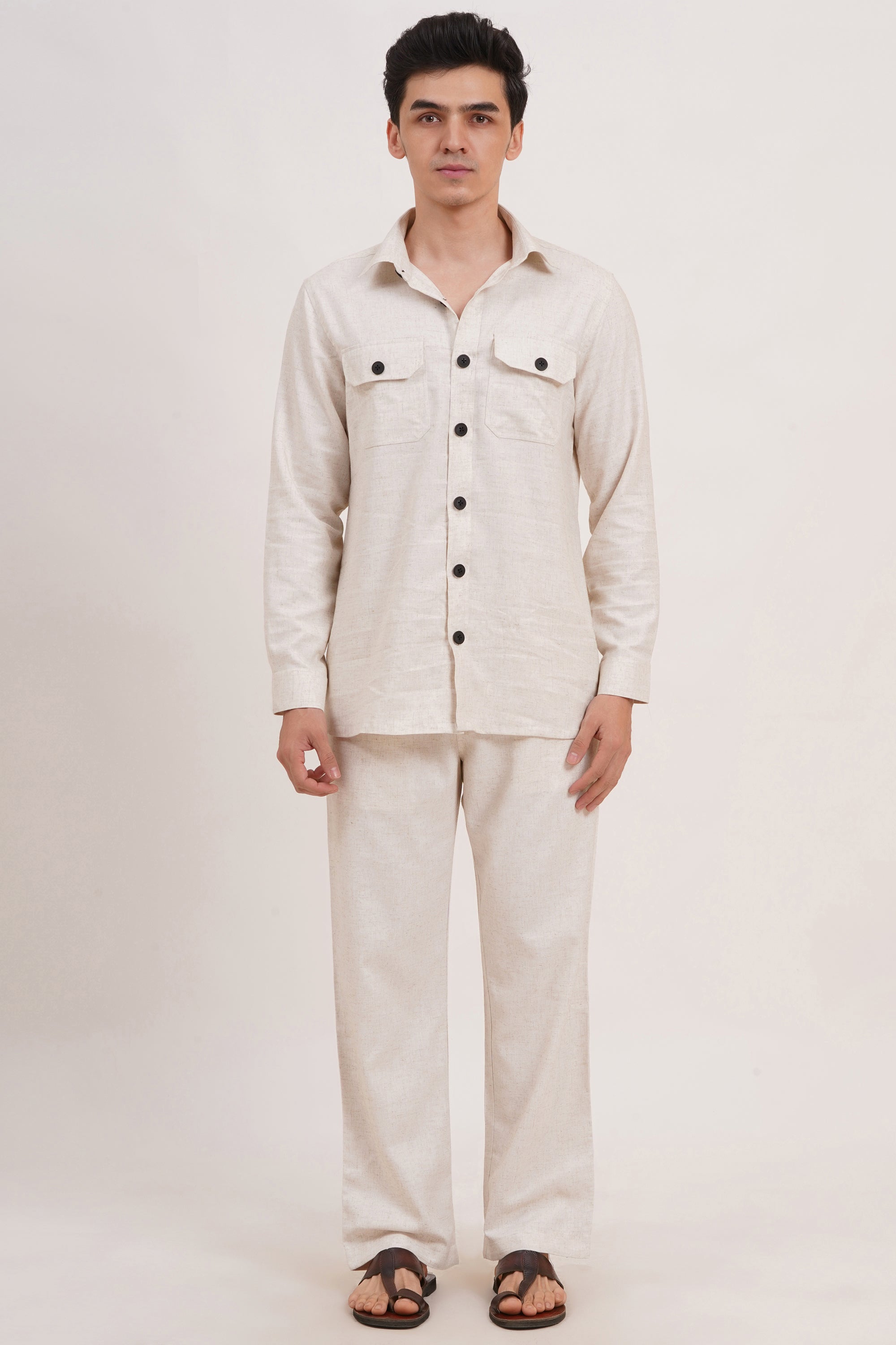 Men’s Warm Ivory Linen Blend Co-ords set Breathable & Stylish Two-Piece Outfit - Adam Spirit