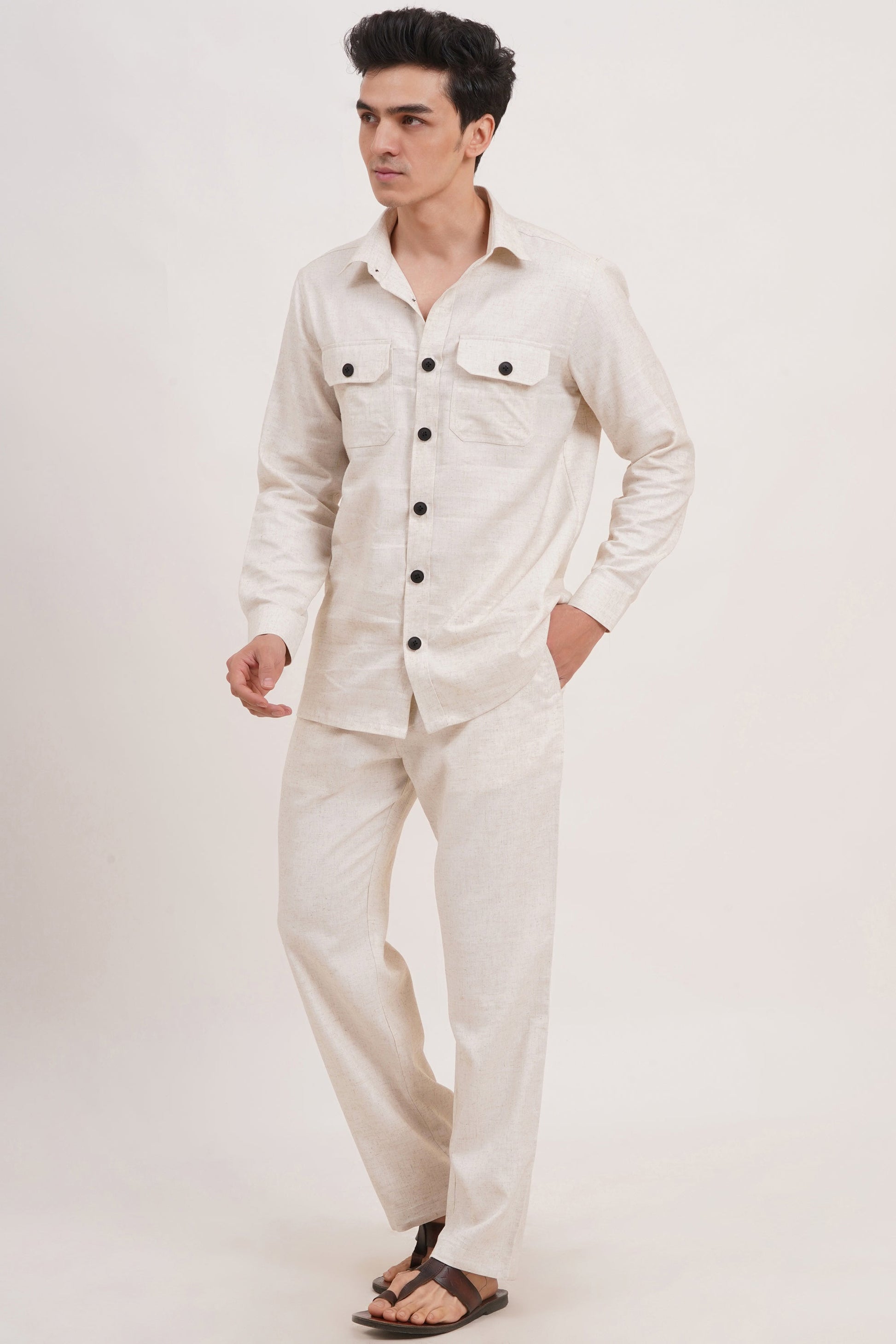 Men’s Warm Ivory Linen Blend Co-ords set Breathable & Stylish Two-Piece Outfit - Adam Spirit