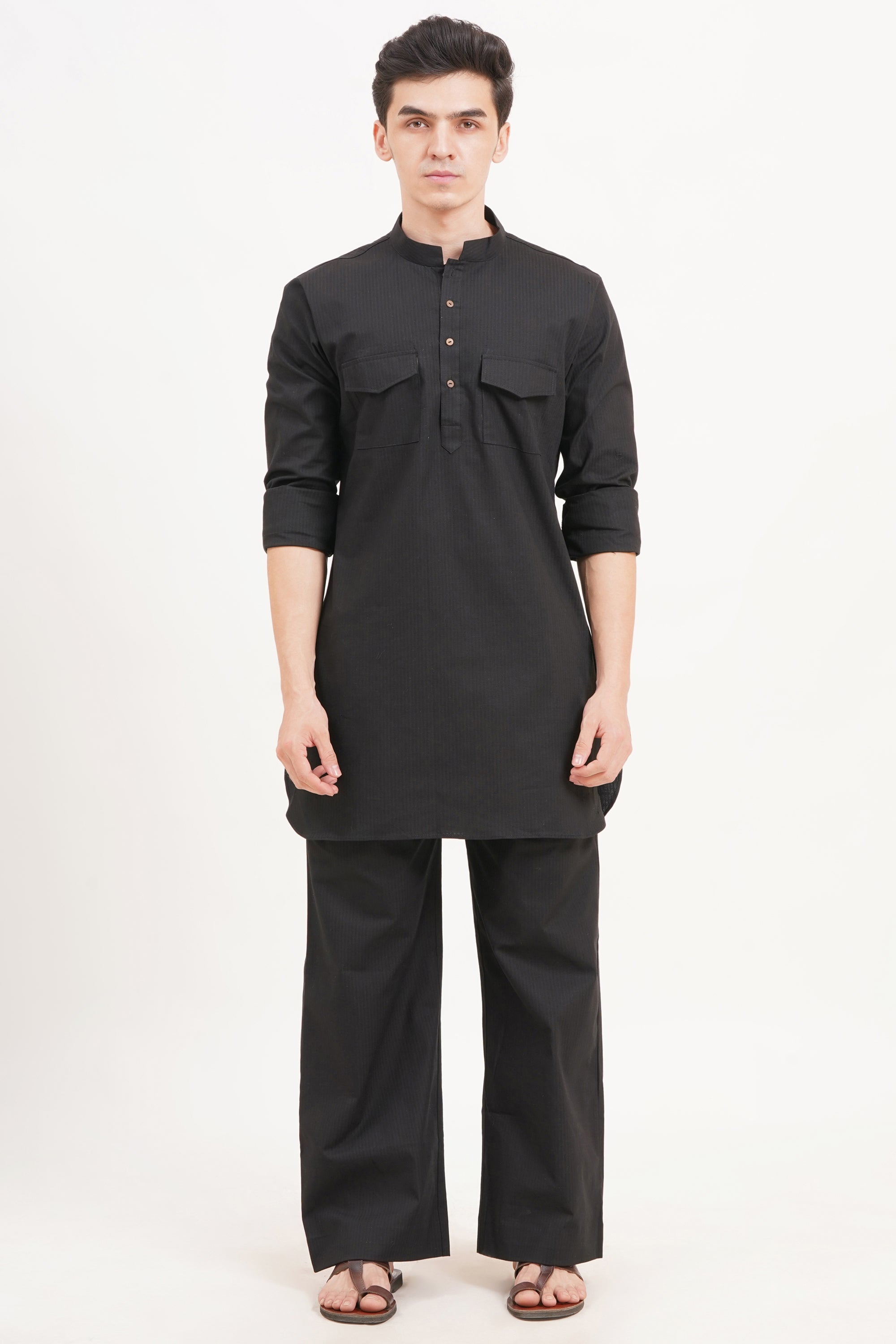 Men’s Black Kurta Set Timeless Elegance in a Luxe Linen Blend - Adam Spirit