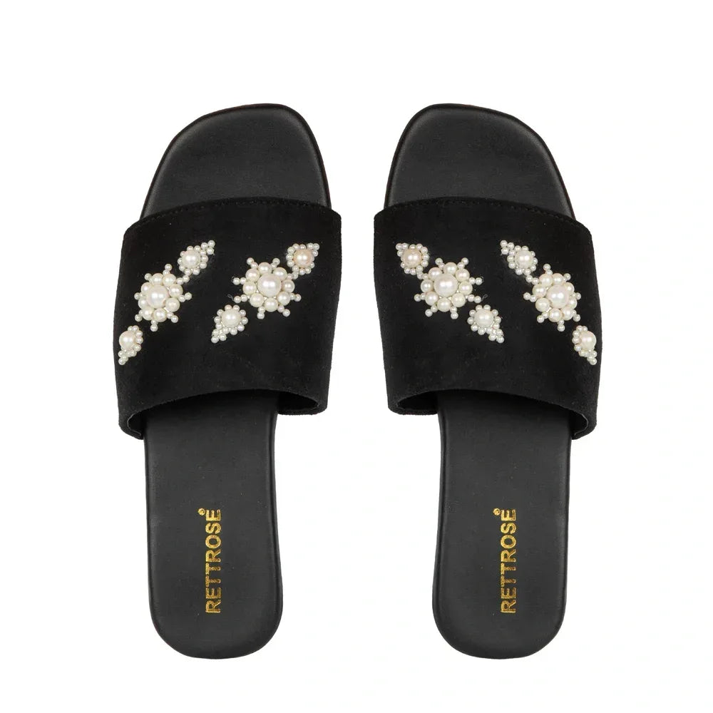 The Luna Grace Pearl Black Embellished Flats Rettrose