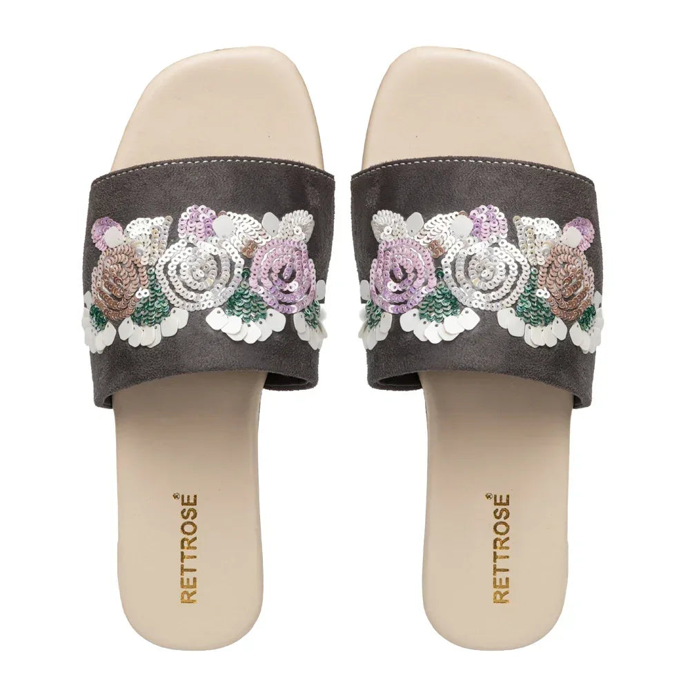 The Fleur Dusk Floral Grey Embellished Flats Rettrose