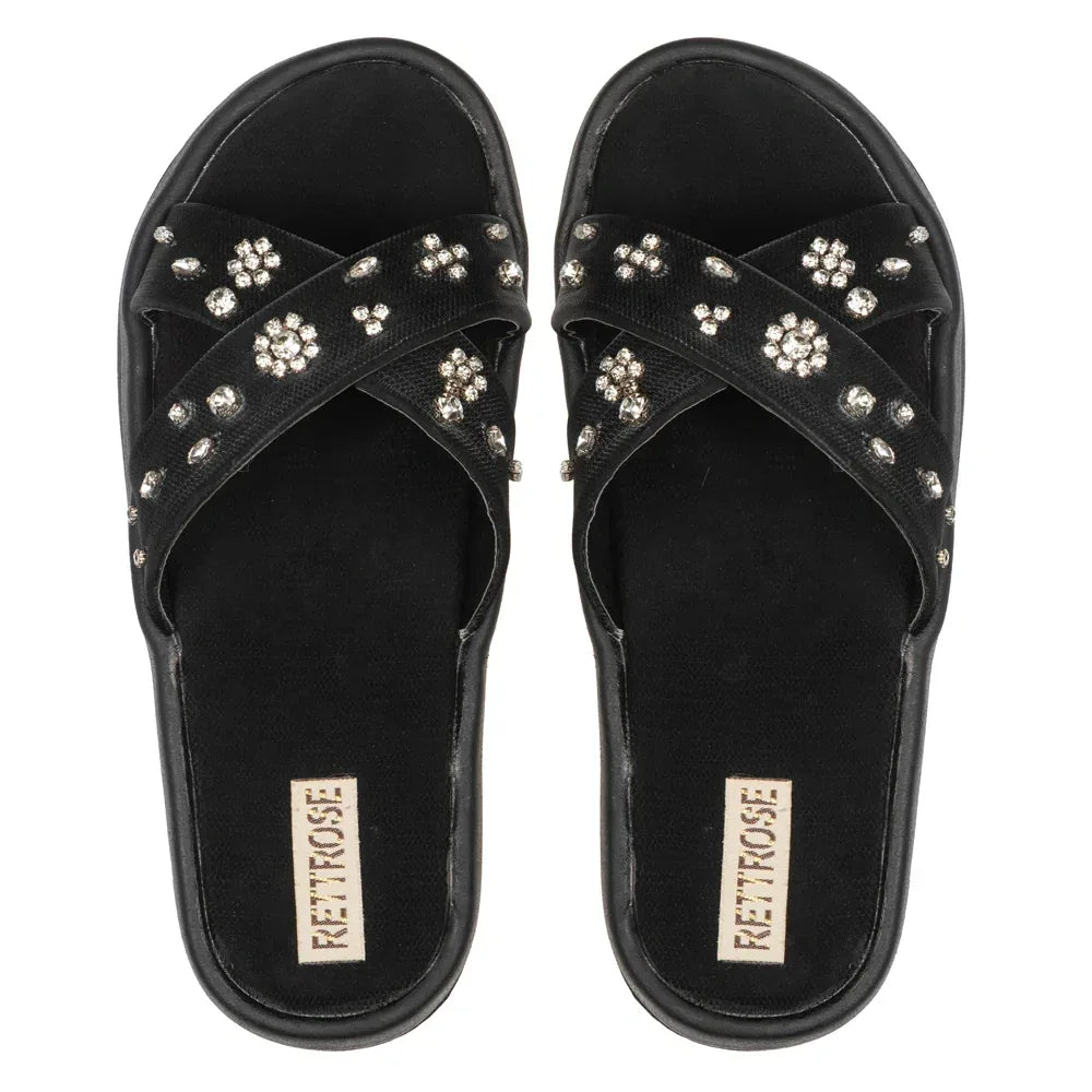 The Giana Black Luxury Cross Over Embellished Slides Rettrose
