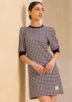 iCotton Houndstooth Pouf Sleeve Dress Alonge