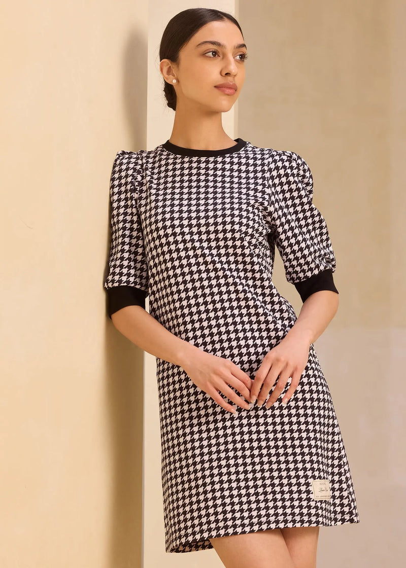 iCotton Houndstooth Pouf Sleeve Dress Alonge