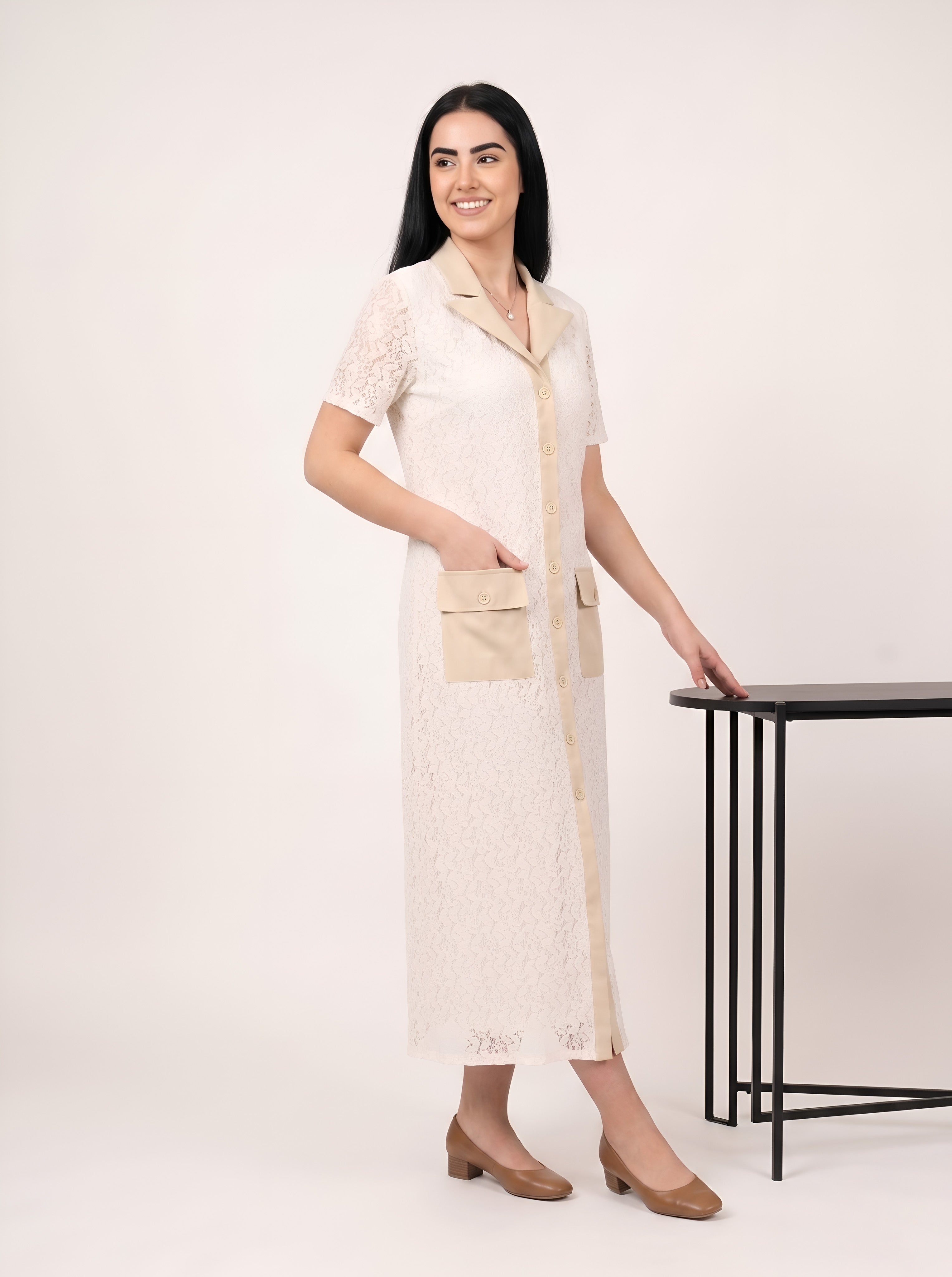 House of S Women's Ivory Lace Contrast Pocket Shirt Dress