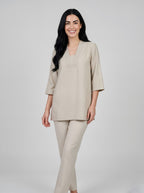 House of S Beige Minimalist V-Neck Top