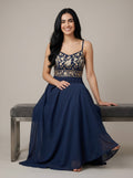 House of S Midnight Blue Embroidered Gown with Spaghetti Straps