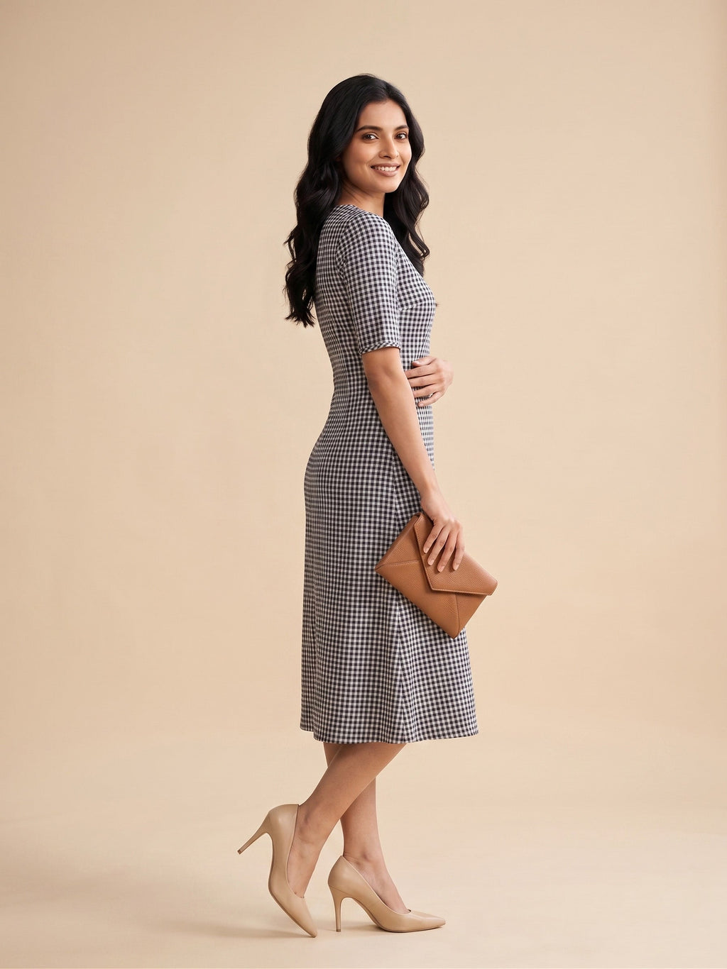Navy & White Checkered Midi Dress