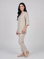 House of S Beige Minimalist V-Neck Top
