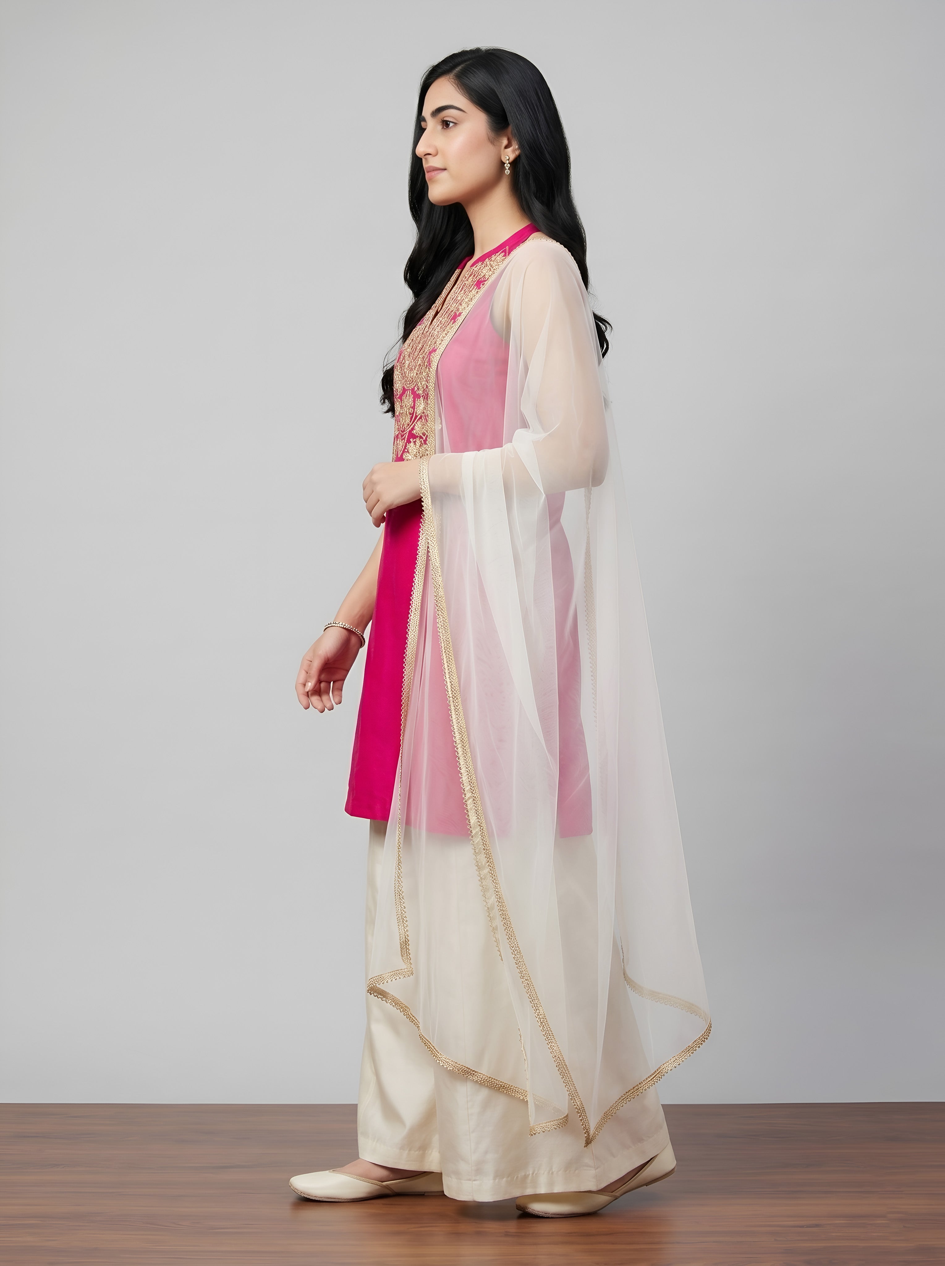 Barara Women’s Pink Embroidered Kurta with Ivory Palazzo & Dupatta Set