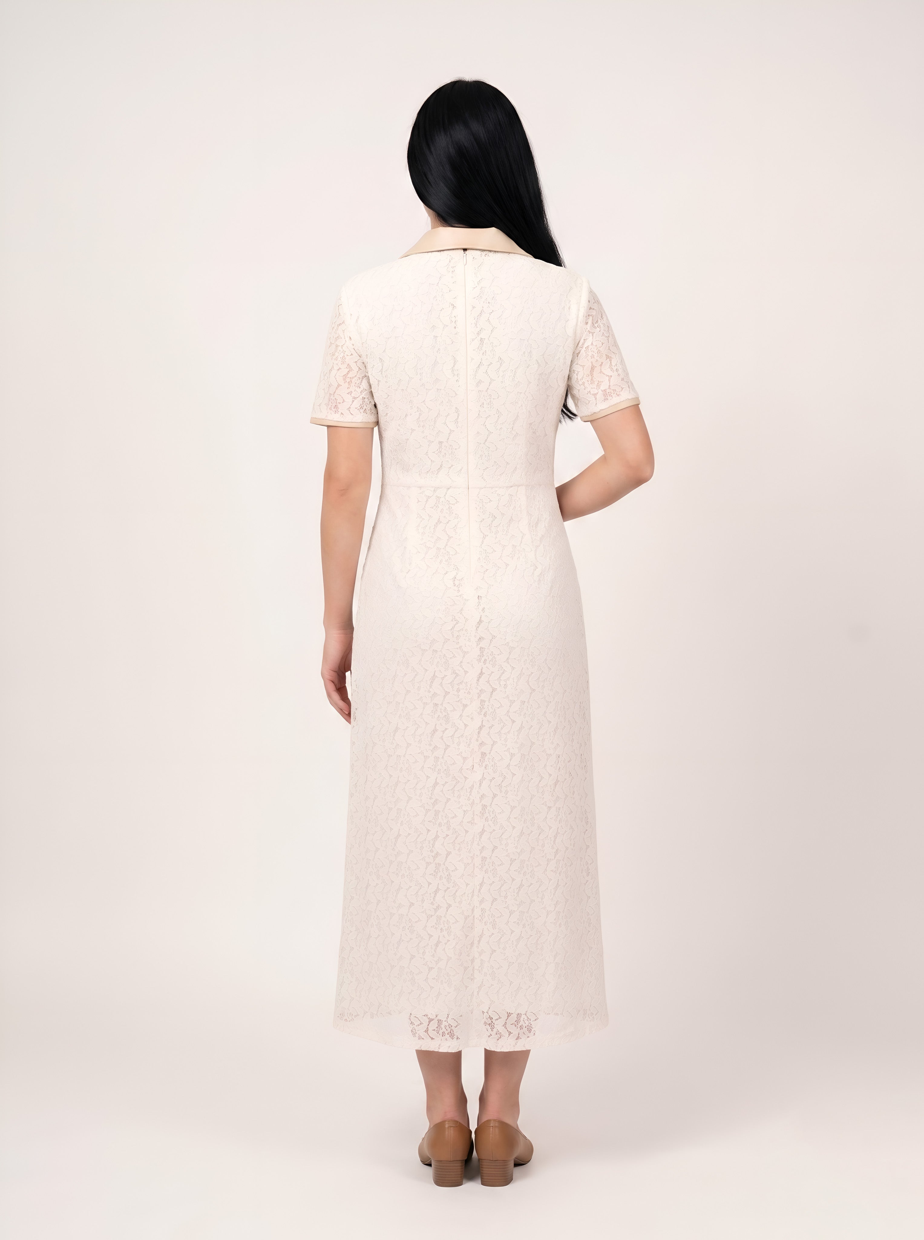 House of S Women's Ivory Lace Contrast Pocket Shirt Dress