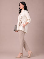 Cream Modal Satin Embroidered Short Kurti