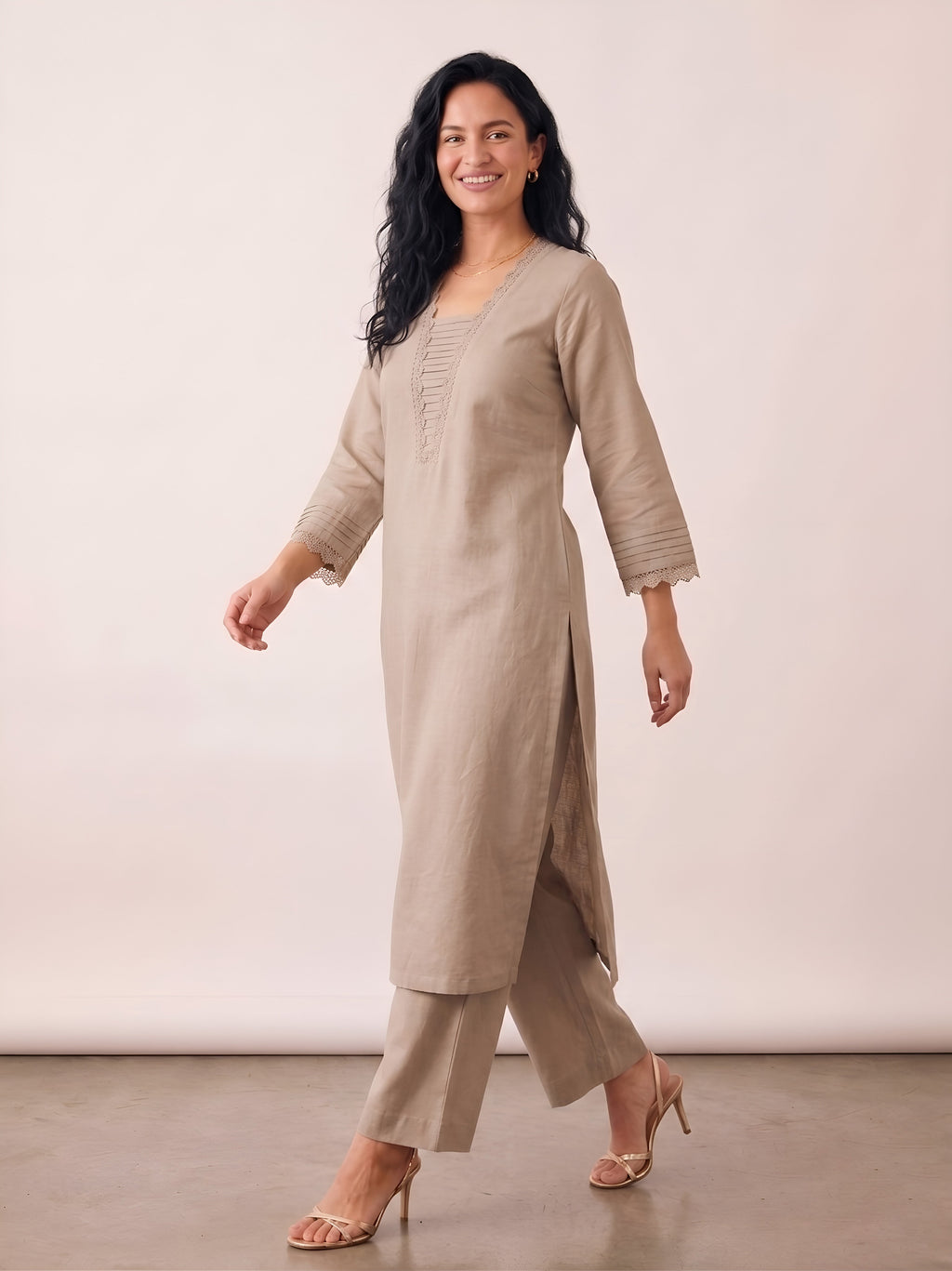 Barara Women's Beige Crochet Detail Straight Kurta Set