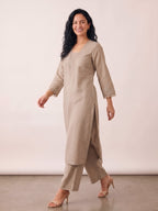 Barara Women's Beige Crochet Detail Straight Kurta Set