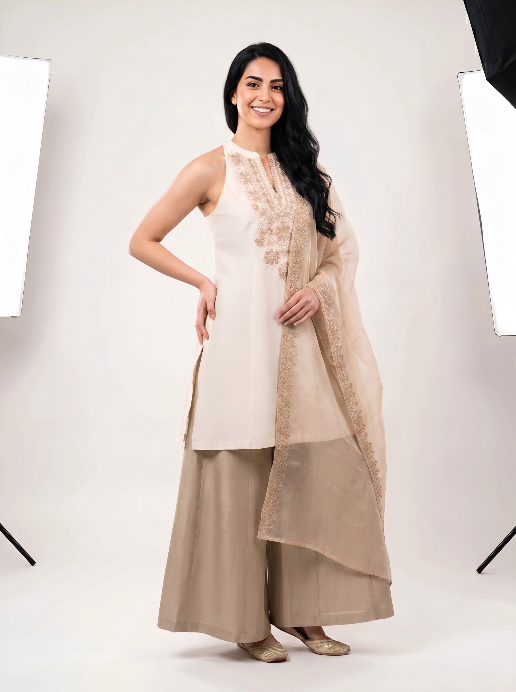 Barara Women’s Beige Embroidered Kurta with Golden Palazzo & Dupatta