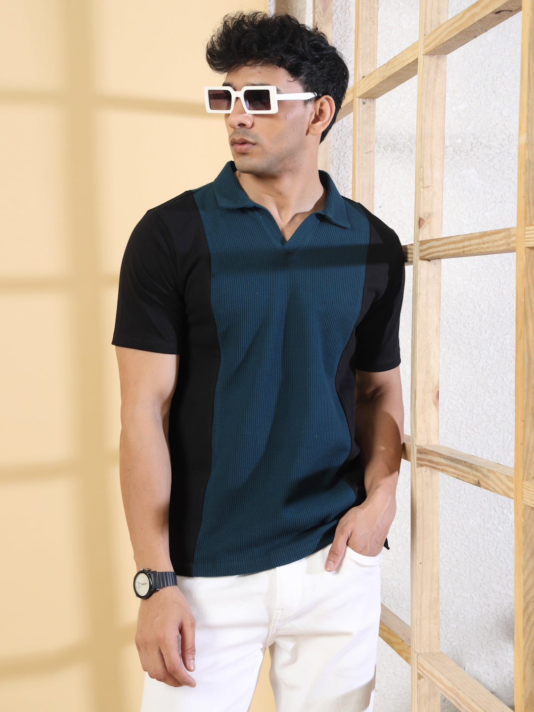 Rigo Men's Contrast Textured Panel  Polo T-shirt