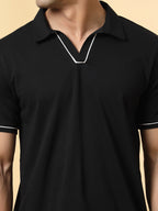 Rigo Men's Black Solid Polo T-shirt With Contrast Piping
